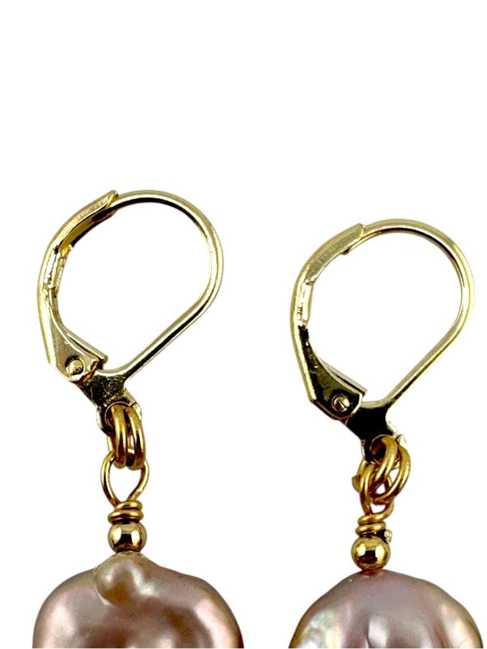 Baroque Pearl Earrings Gold Filled Leverbacks Pink Freshwater Pearl Dangle 18mm - Picture 9 of 10